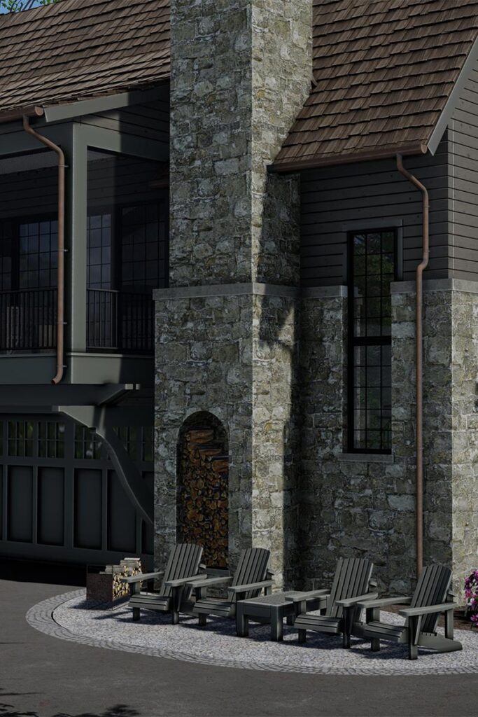 Render of a large house in the woods near a lake