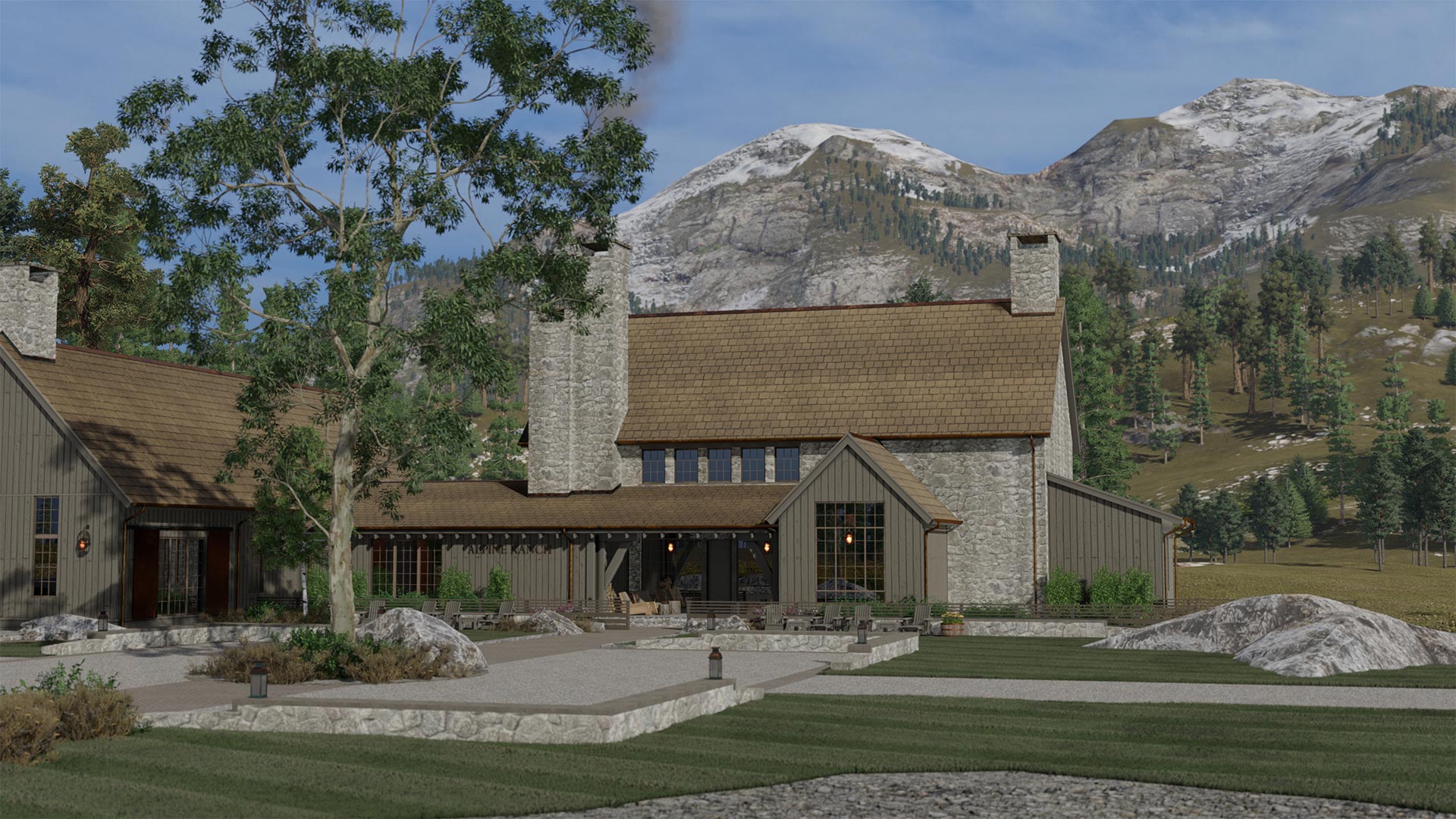 Render of a large house in the mountains